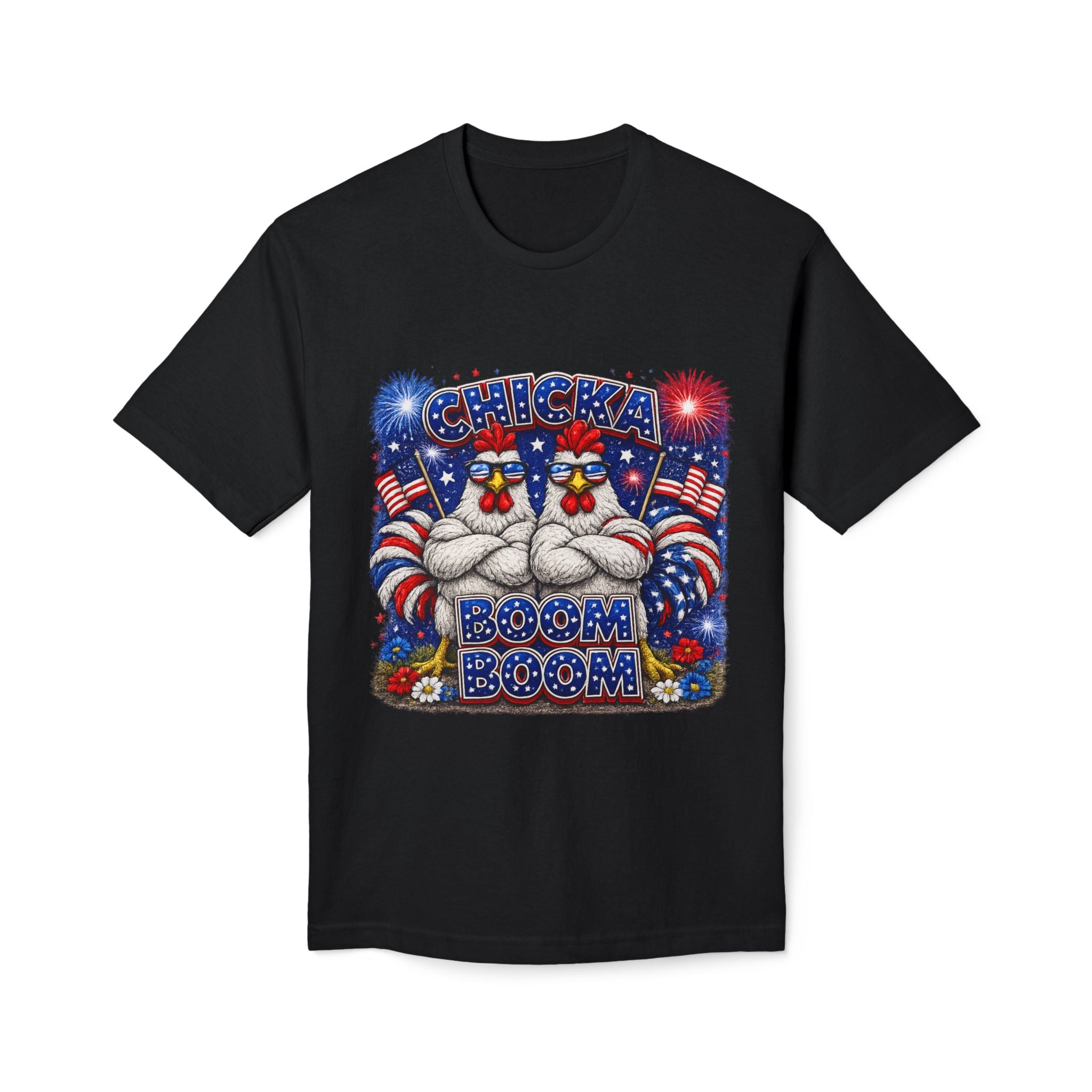 Fourth of July Patriotic Chicken T-Shirt — "Chicka Boom Boom" Fireworks Tee