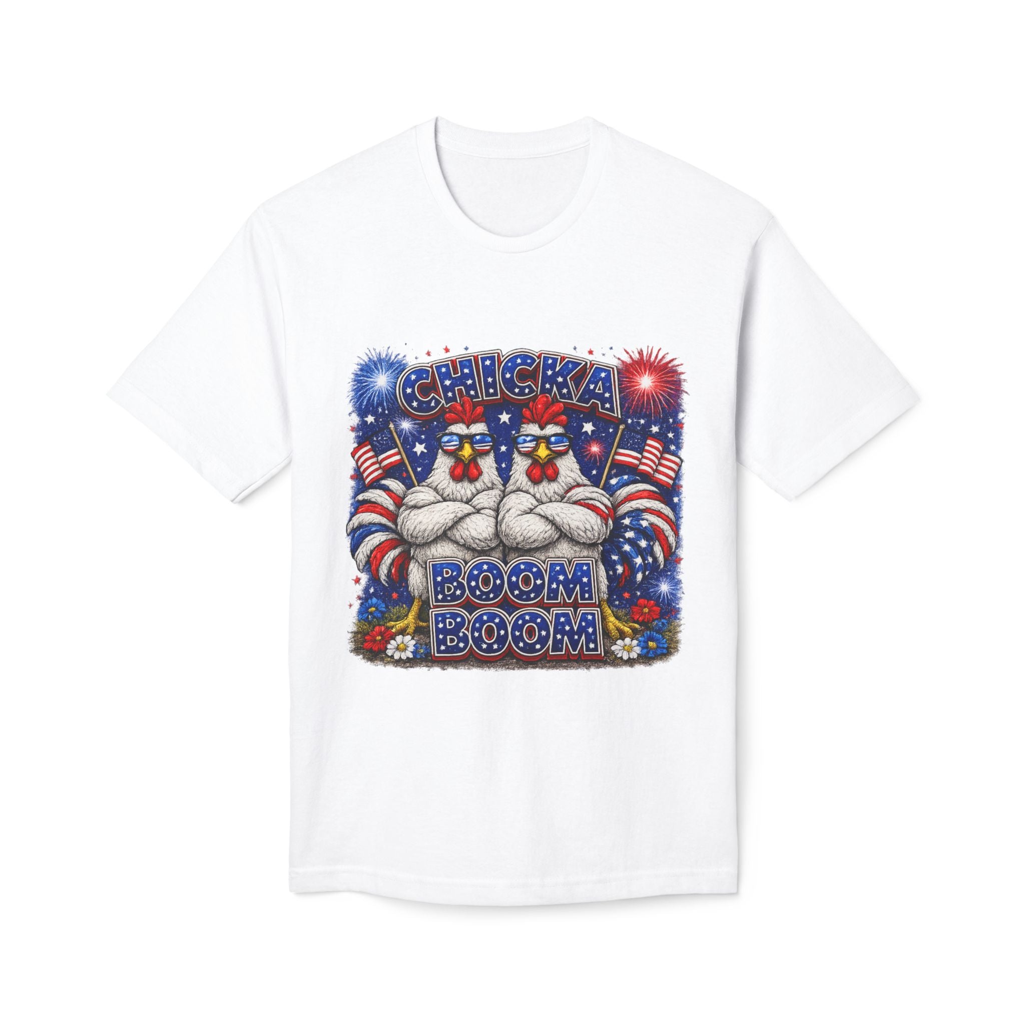 Fourth of July Patriotic Chicken T-Shirt — "Chicka Boom Boom" Fireworks Tee
