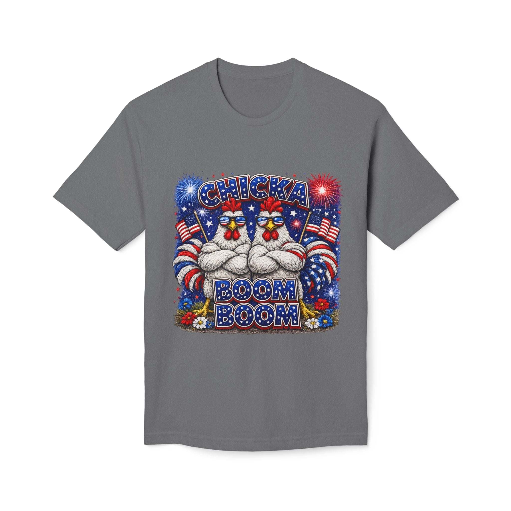 Fourth of July Patriotic Chicken T-Shirt — "Chicka Boom Boom" Fireworks Tee